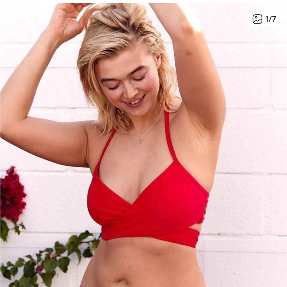 aerie Red Wrap Halter Bikini Top with Adjustable Straps